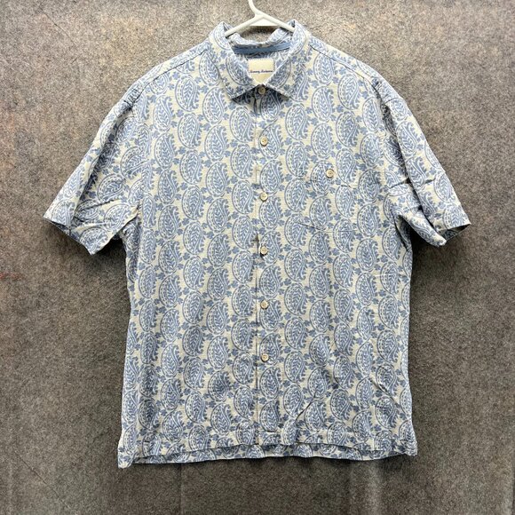 Tommy Bahama Shirt Mens XL Blue Button Down AOP Silk Paisley Hawaiian Camp - Picture 1 of 9